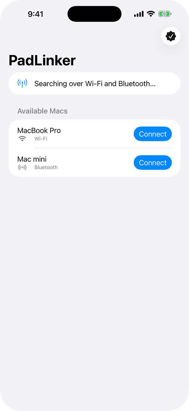 iPhone mostrando o PadLinker encontrando um Mac por perto