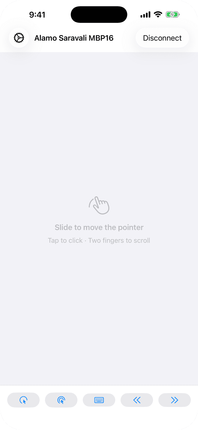 iPhone mostrando o trackpad do PadLinker com um dedo movendo o cursor do Mac