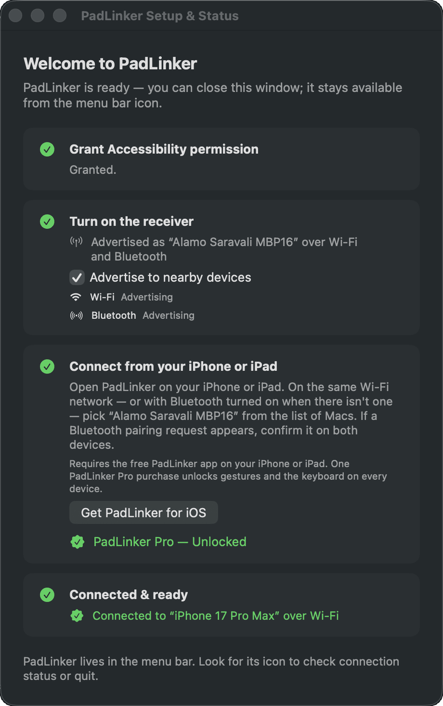 Janela de configuração do PadLinker no Mac mostrando os três passos para conectar